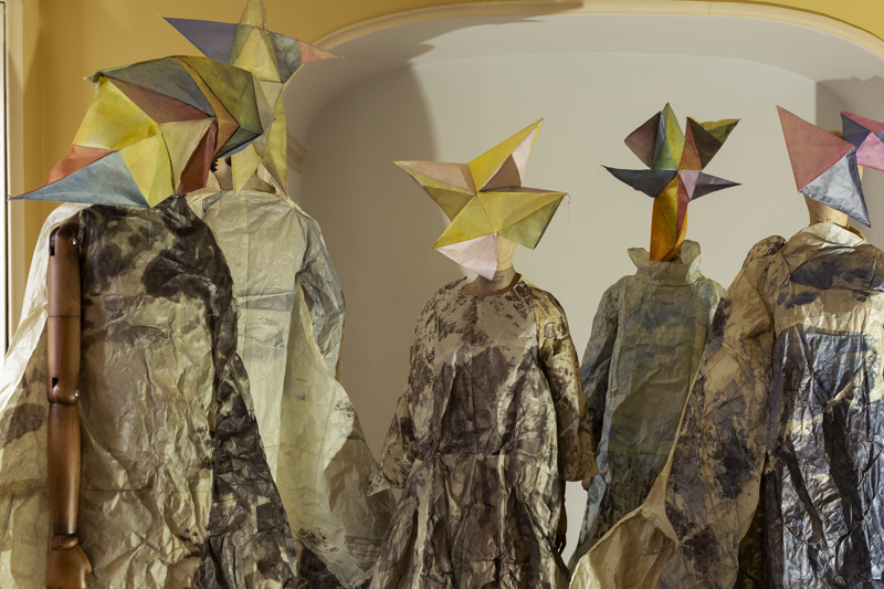 The Crystal Chain: habit/refuge 2020 paper, inkjet print, watercolour, thread, mannequins Dimensions variable Installation 
			view by Oskar Proctor